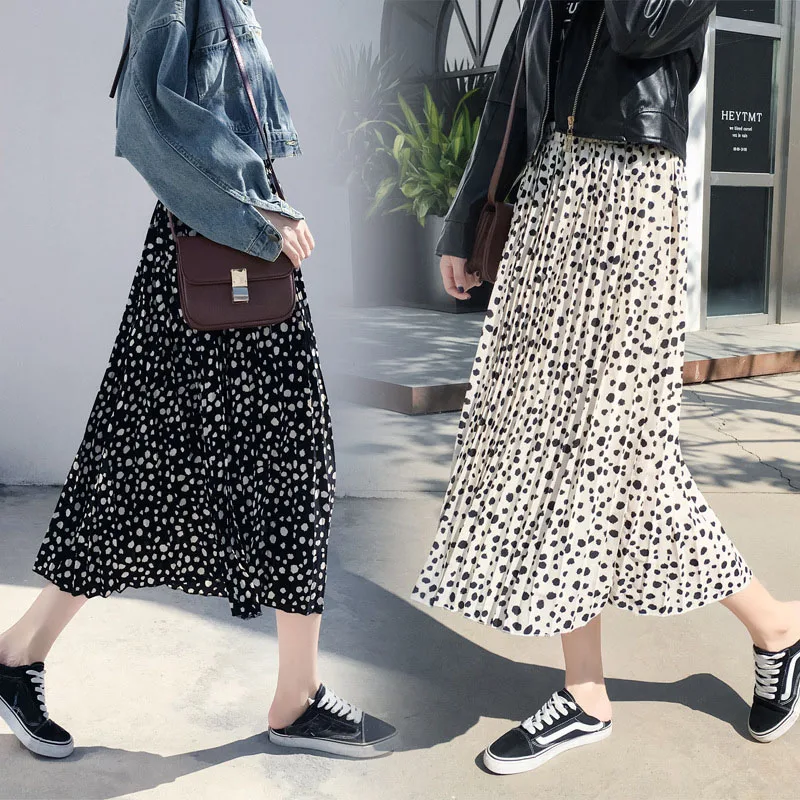 

Cotton Tulle Skirts Women 2019 Spring Polka Dot Skirt Female High Waist Pleated Midi Long Skirt Black Solid Color Skirts A089