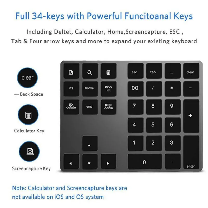 34 Keys Bluetooth Wireless Numeric Keypad Mini Numpad with More Function Keys Digital Keyboard For PC Macbook Number Pad Mini