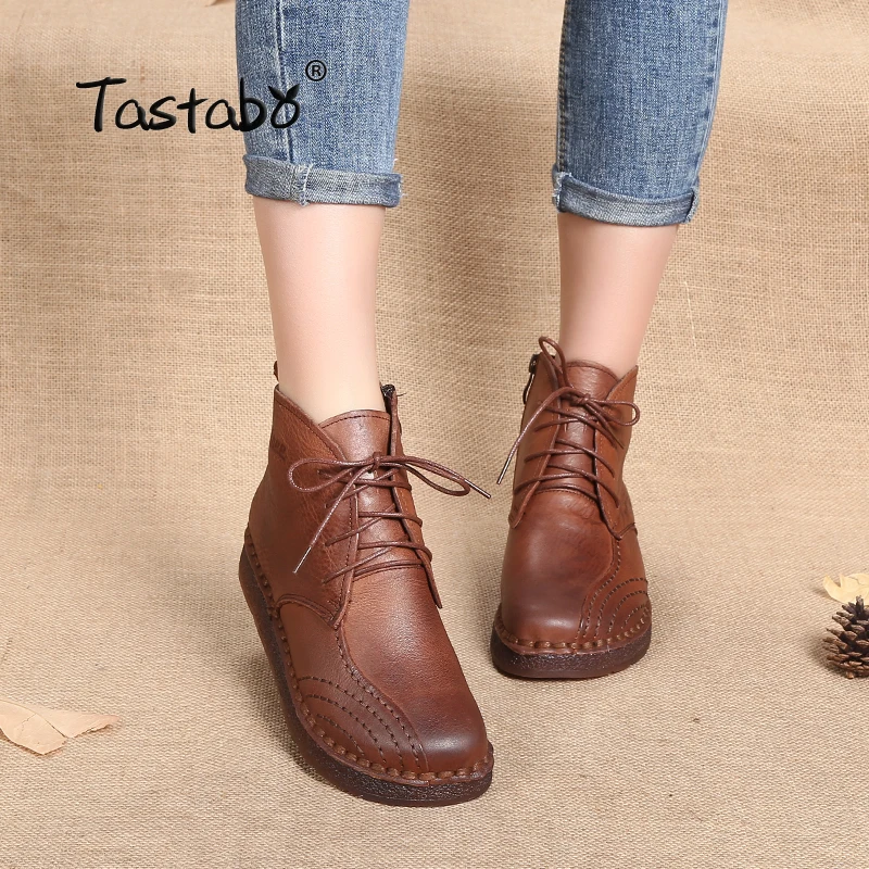 

Tastabo Genuine Leather Ankle Boots 2018 New Design Round T Soft Comfortable Brown Black Flats Boots Women