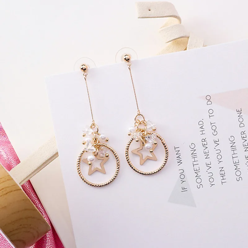 

New Korean Charm Crystal Round Circle Multicolor Rhinestone Star Drop Dangle Earrings Trendy Sweet Pearl Women Oorbellen EC1223