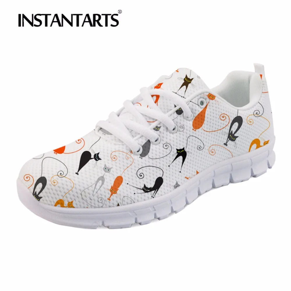 INSTANTARTS Cute Cartoon Cat Print Sneakers Women Fashion Flats Shoes