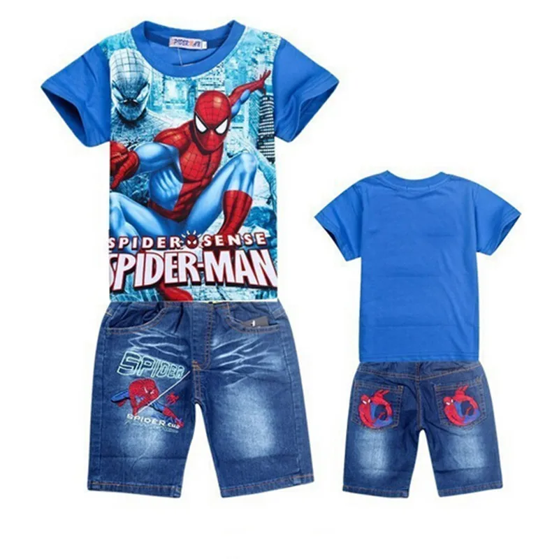 Комплекты одежды для мальчиков; Лето г.; Детский костюм с рисунком Человека-паука; модная футболка и джинсовые шорты; популярный костюм с рисунком для мальчиков