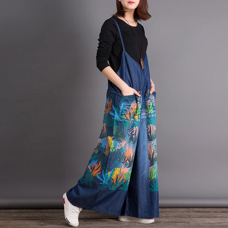 

2018 New Arrival Print Strap Wide Leg Jeans Overalls Women Casual Plus Size Loose Denim Scratched Pants Overalls
