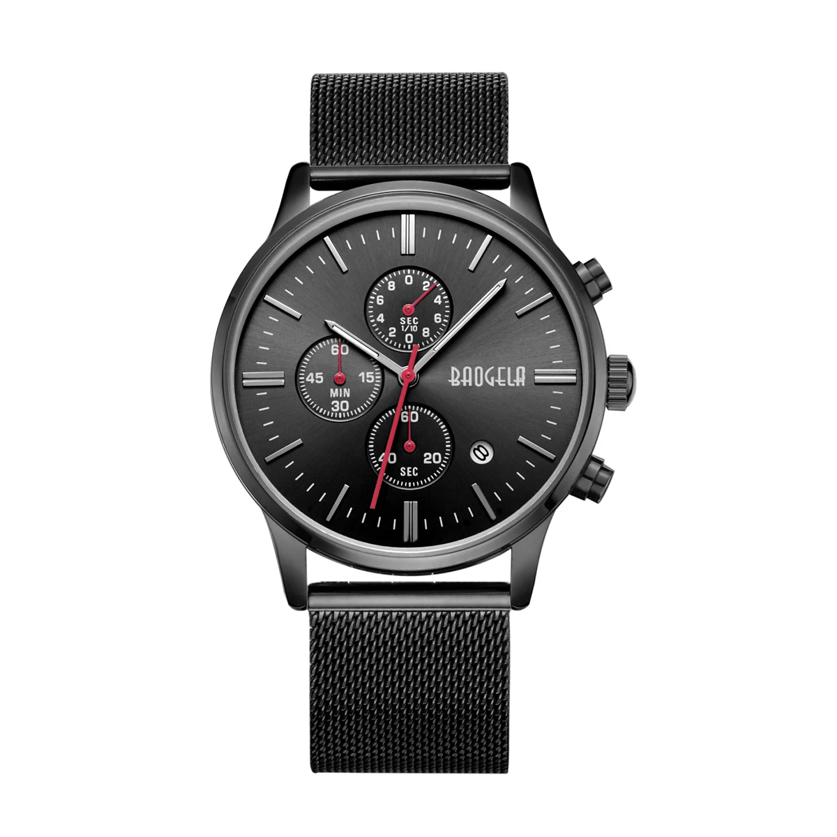 

BAOGELA Mens Chronograph Stainless Steel Mesh Strap Sport Quartz Wrist Watches with Luminous Hands 1611 Black