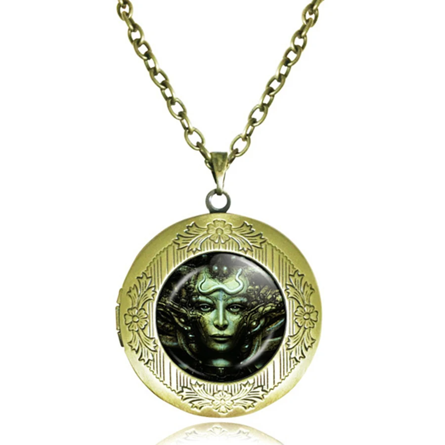 

Alien locket Necklace Hans Rudolf Giger Alien pendant outer space picture glass cabochon pendant bronze necklaces charming gift