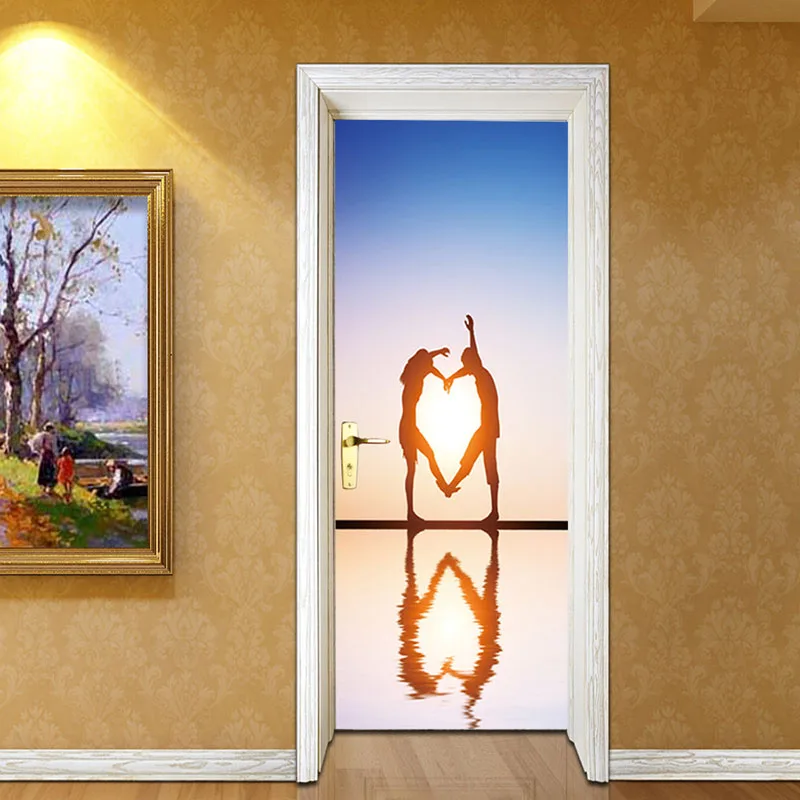 2 قطعة/المجموعة 3D الرقص ملصقات جدار DIY جدارية غرفة نوم ديكور المنزل المشارك PVC الغروب عاشق للماء تقليد الباب ملصق الشارات
