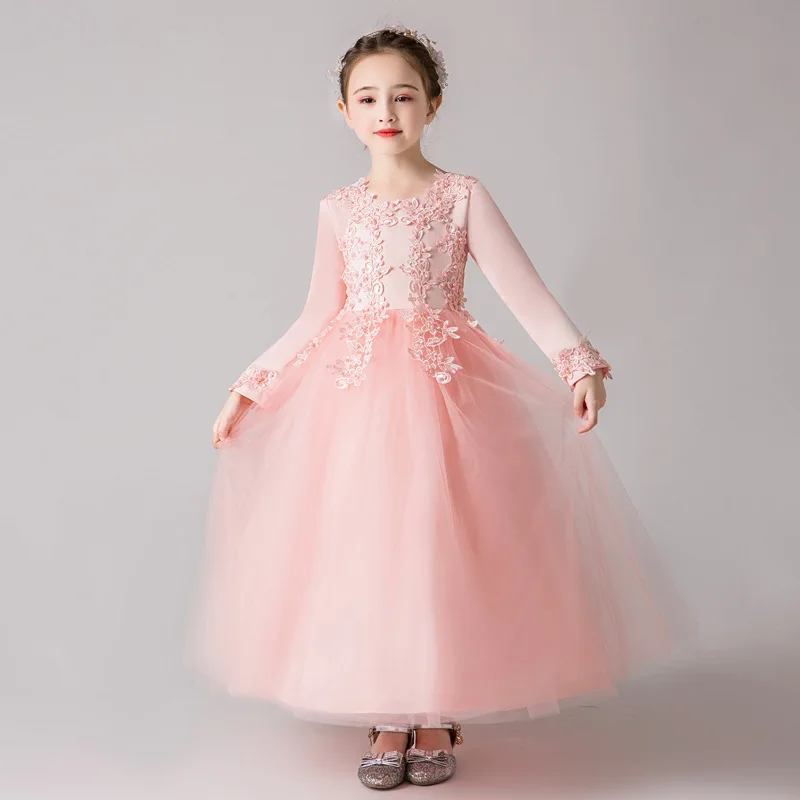 Вечерние Платья с цветочным узором для девочек; сезон осень-зима; вязаные шерстяные платья; Длина до пола; нарядные платья для девочек; платье для свадебной вечеринки; vestidos - Цвет: pink