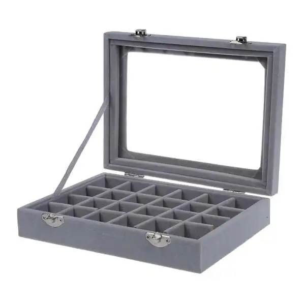 24 ячеистый Дисплей Коробка для хранения ювелирных изделий Стекло Браслет подушка для часов Пряжка - Цвет: Серый
