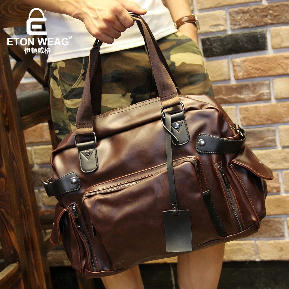 

ETONWEAG Famous Brand Cow Leather Duffle Bag Travel Bags Hand Luggage Brown Zipper Vintage Traveling Bag Organizer Shoulder Bags