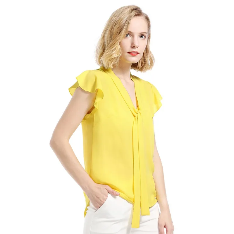 Шифон Для женщин с v-образным вырезом блузка летняя Для женщин 2018 желтый короткий рукав с оборками Повседневная Блузка для женщина Blusas Feminina