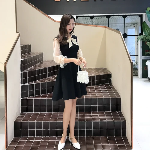 

2019 Spring New Women Dress Flare Sleeve Fake Two Pieces Mini A-line Womens Dresses Bow Collar Vestidos Temperament