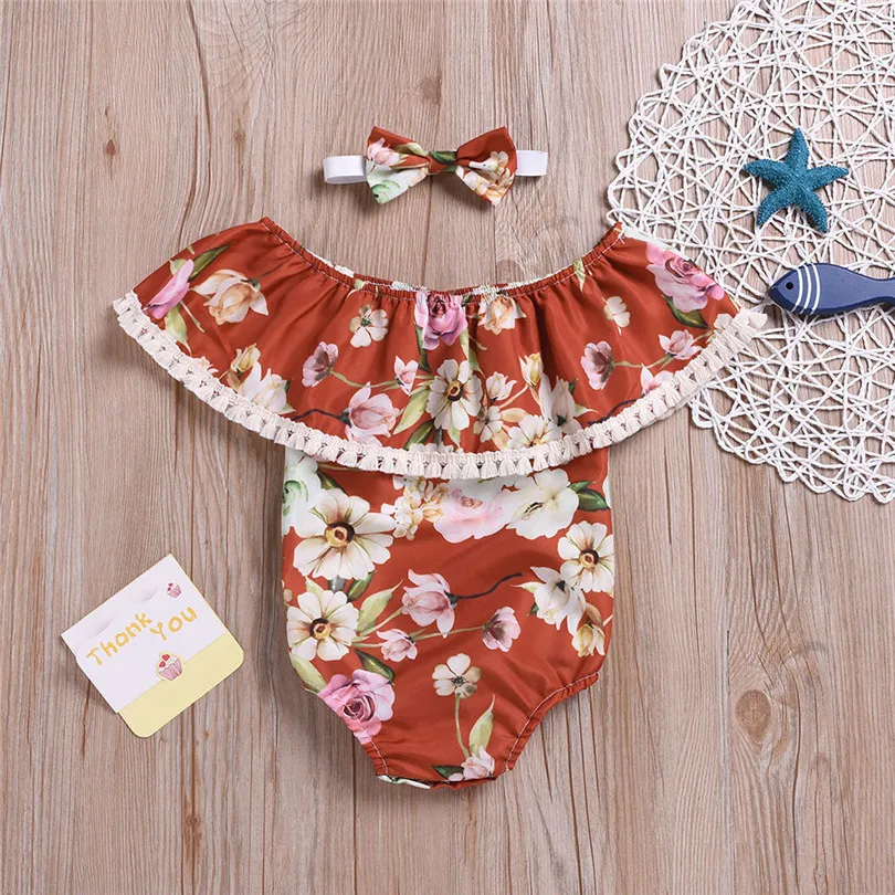 Fashion cute design Summer Baby Girls Ruffles Floral Print Romper Bodysuit Jumpsuit+Headband Outfits 2019 new (3)