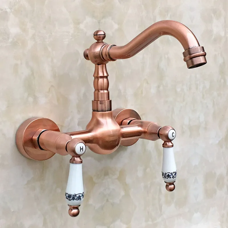 

Bathroom Faucet Antique Red Copper Kitchen Mixer Tap Faucet Wall Mounted Dual Handle Hot And Cold Taps zrg033
