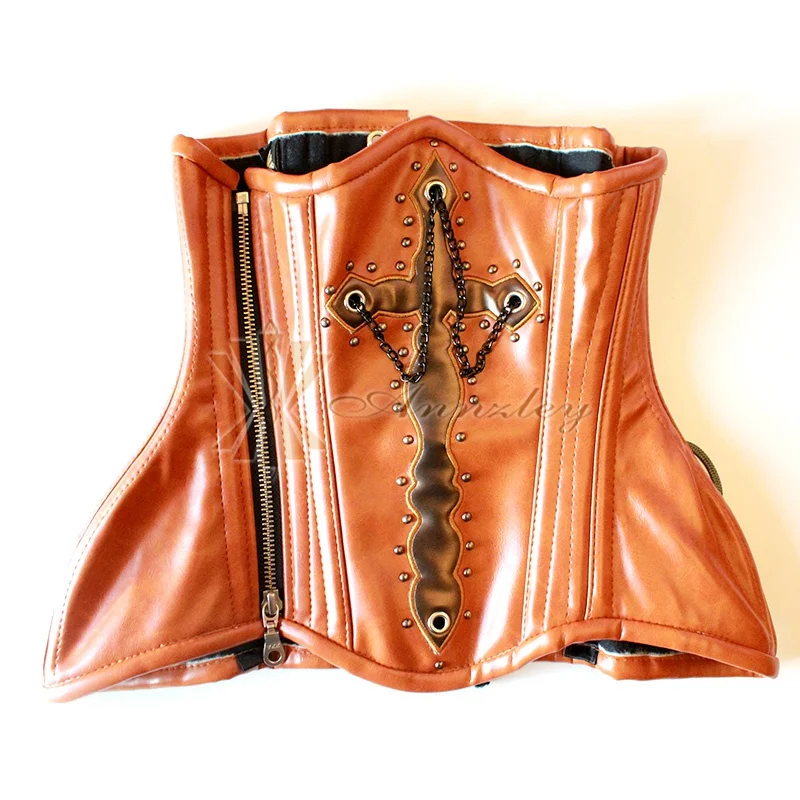 Annzley Double Steel Boned Brown Waist Training PU leather Underbust Corset (3)