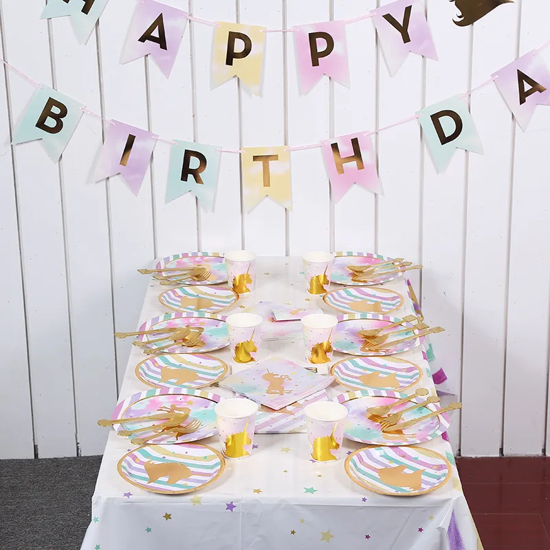 

Unicorn Disposable Party Tableware Set Paper Plates Cups Napkins Table Cover Headband Birthday Decorations Kids Party Supplies
