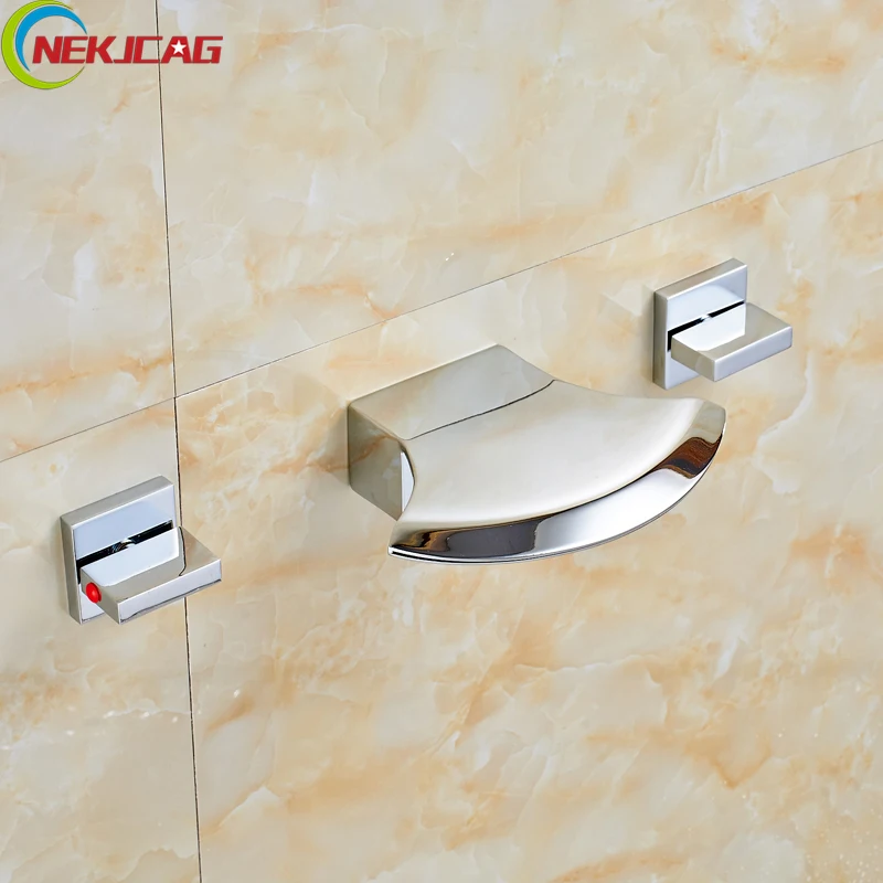 

Double Handle Chrome Waterfall Spout Bath Sink Basin Faucet Wall Mount Widespread Hot and Cold Mixer Crane
