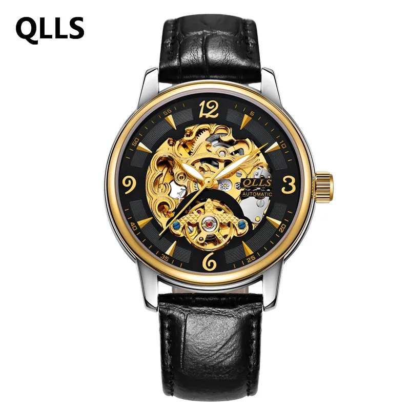

QLLS Automatic Tourbillon Hollow Mechanical Men's Watches Multi-function Men's Watch Belt Waterproof Steel Watch