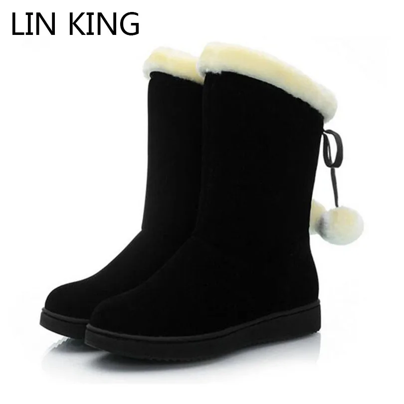 

LIN KING New Style Women Winter Snow Boots Solid Flock Warm Plush Flats Pompom Cotton Padded Shoes Mid-calf Slip On Boots