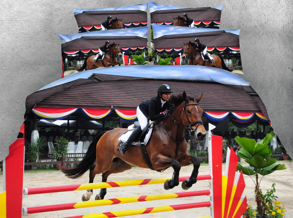 JF 119 Equestrian Theme Show Jumping Horse and Rider 3d Hd digital Bedding set full queen king