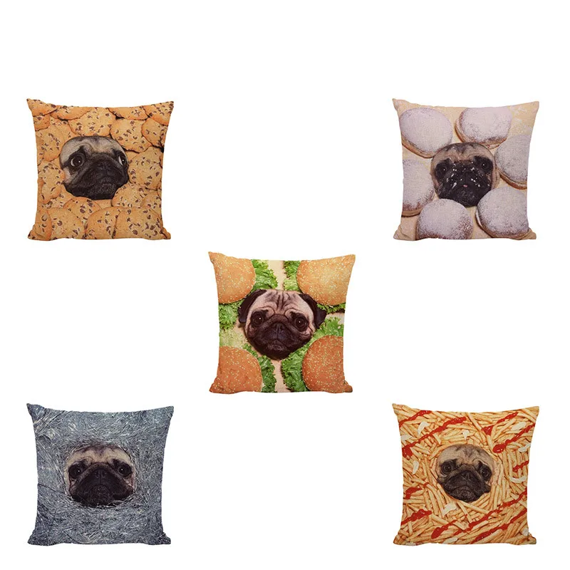 

Food & Puppy Combination Cushion Cover Lovely Pug Personality Cookie Bread Burger Pizza Fries Donut Simple Style Home Decoration