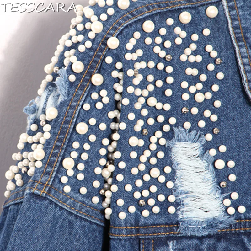 Féminine Perles Femmes Et Luxe Automne Blue Tesscara Mode Base Effiloché De Denim Manteaux Bomber Veste Vestes La Jeans Manteau Vêtements 5P4I5pqwx