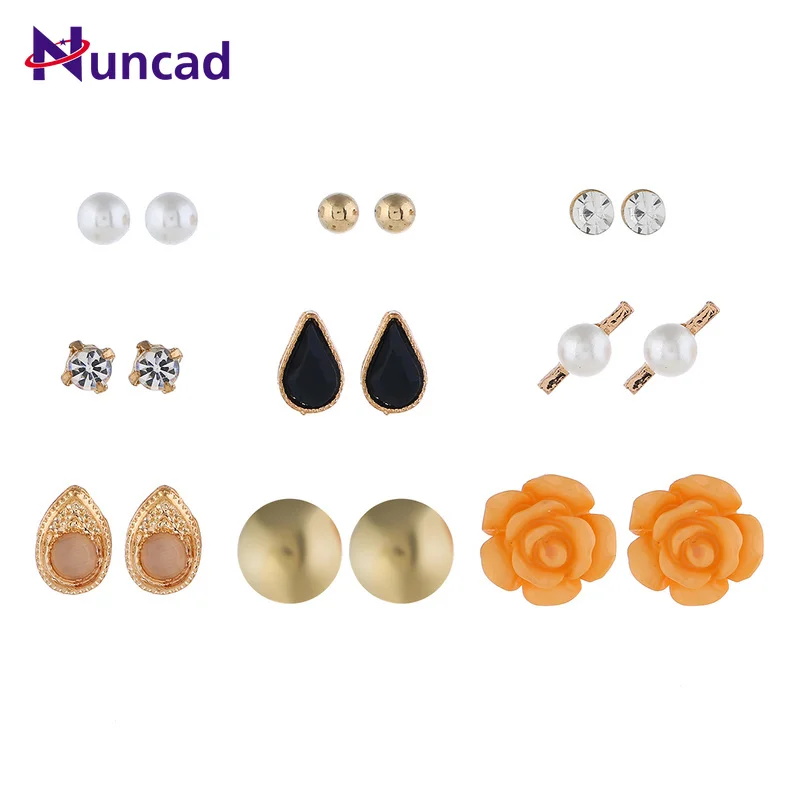 Rhinestone Imitation Pearl Flower 9 Pairs / Ladies Earrings Set Ornament Female Dating Birthday Party Alloy Stud | Украшения и