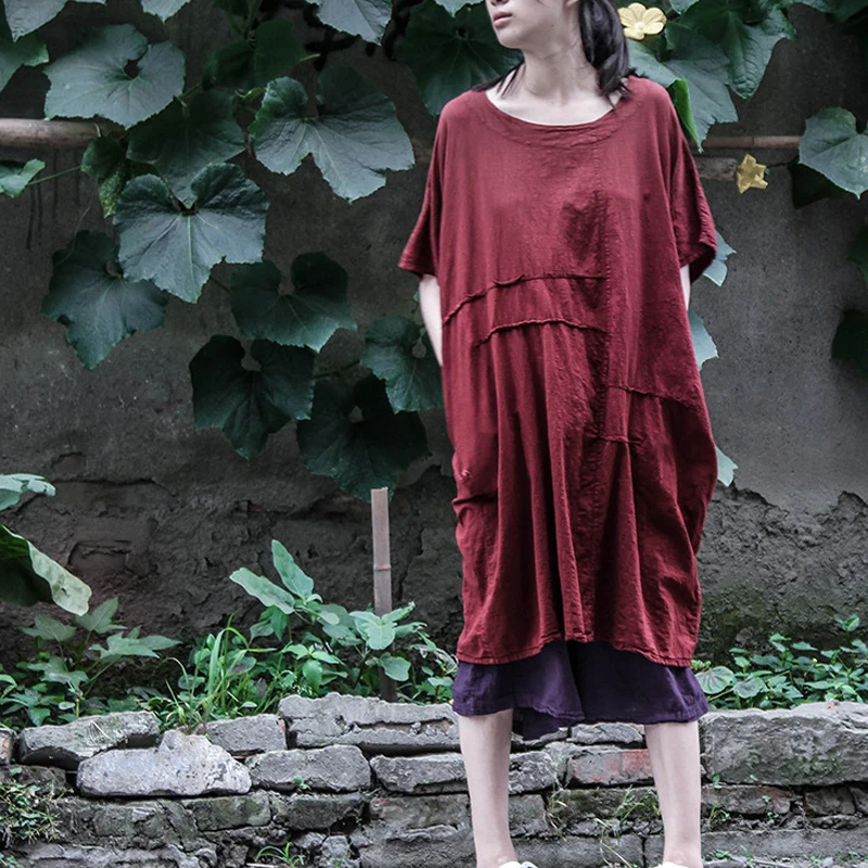 

Johnature Women Dress Fold Linen Robe 2019 Summer New Short Sleeve O-Neck Pullover Vintage Loose Casual Women Clothing Dresses