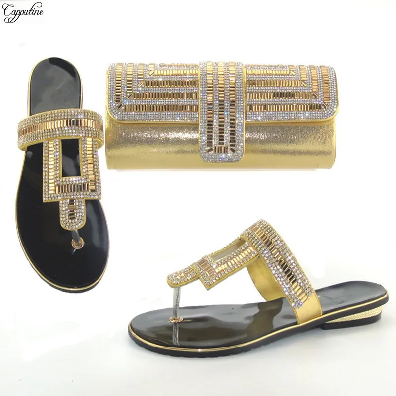

Pretty gold African slippers with handbag set fashion shoes and bag set with rhinestones THS17-07. size 37-43