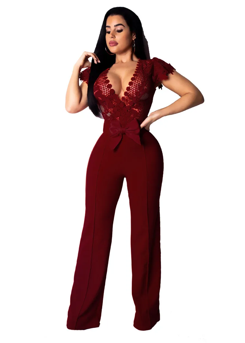 Женский кружевной комбинезон с V образным вырезом открытым рукавом и широкими