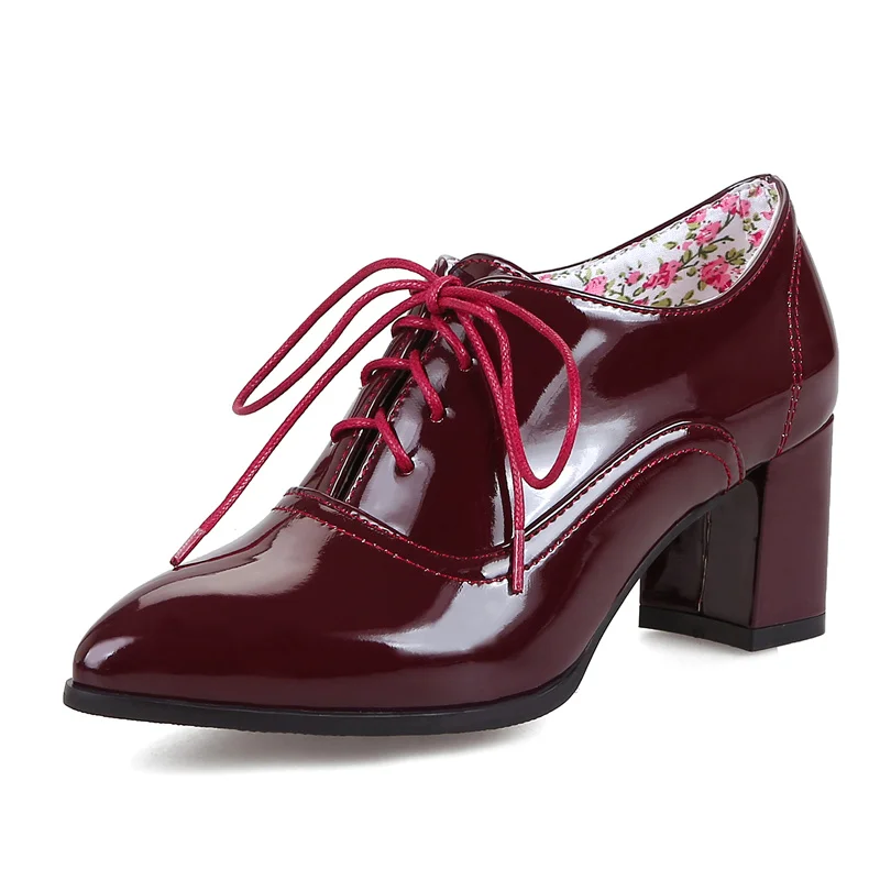 Брендовые весенние модные женские ботильоны большого размера 48 Туфли-оксфорды на толстом каблуке женская повседневная обувь из искусственной кожи черный, красный цвет - Цвет: wine red