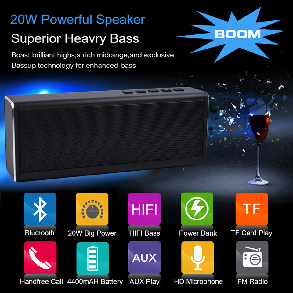20 Вт Bluetooth динамик бас FM радио мощный портативный сабвуфер Беспроводная колонка HIFI музыкальный центр pc boom box Handfree sound box