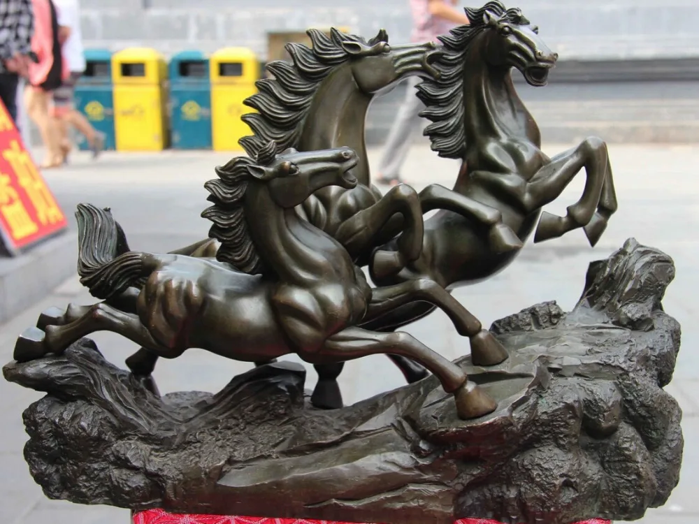 

USPS to USA S3620 China Pure Copper Bronze Home Feng Shui Horse Gallop Run Three Horses Art Statue B0401