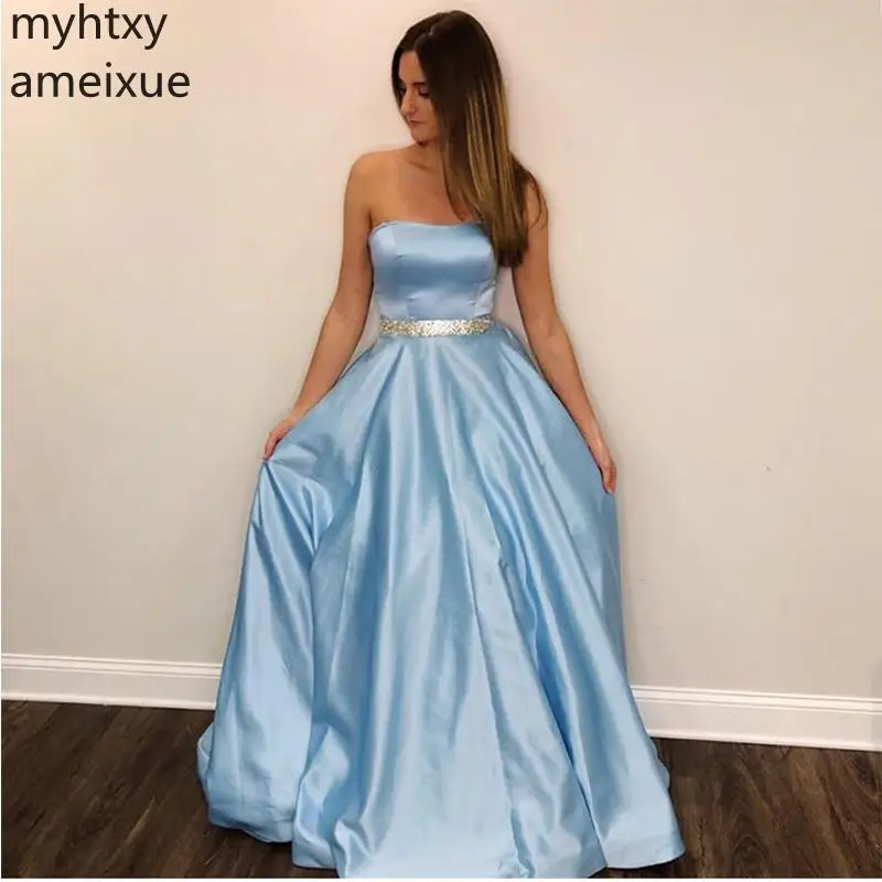 

Custom Light Sky Blue Event Prom Dresses A-line Strapless Evening Gowns Floor Length Custom Women Formal Party Dress Beaded Sash