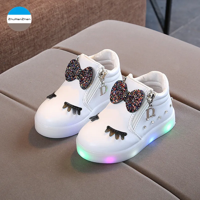 

2018 LED lights 1-5 years old kids casual sports shoes bowknot baby girls princess shoes glowing fashion infant soft toddlers