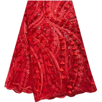 

3D Embroidered Mesh Lace With Sequins African French Lace Fabric High Quality Nigeria Tulle Lace Fabric 5 Yards A925