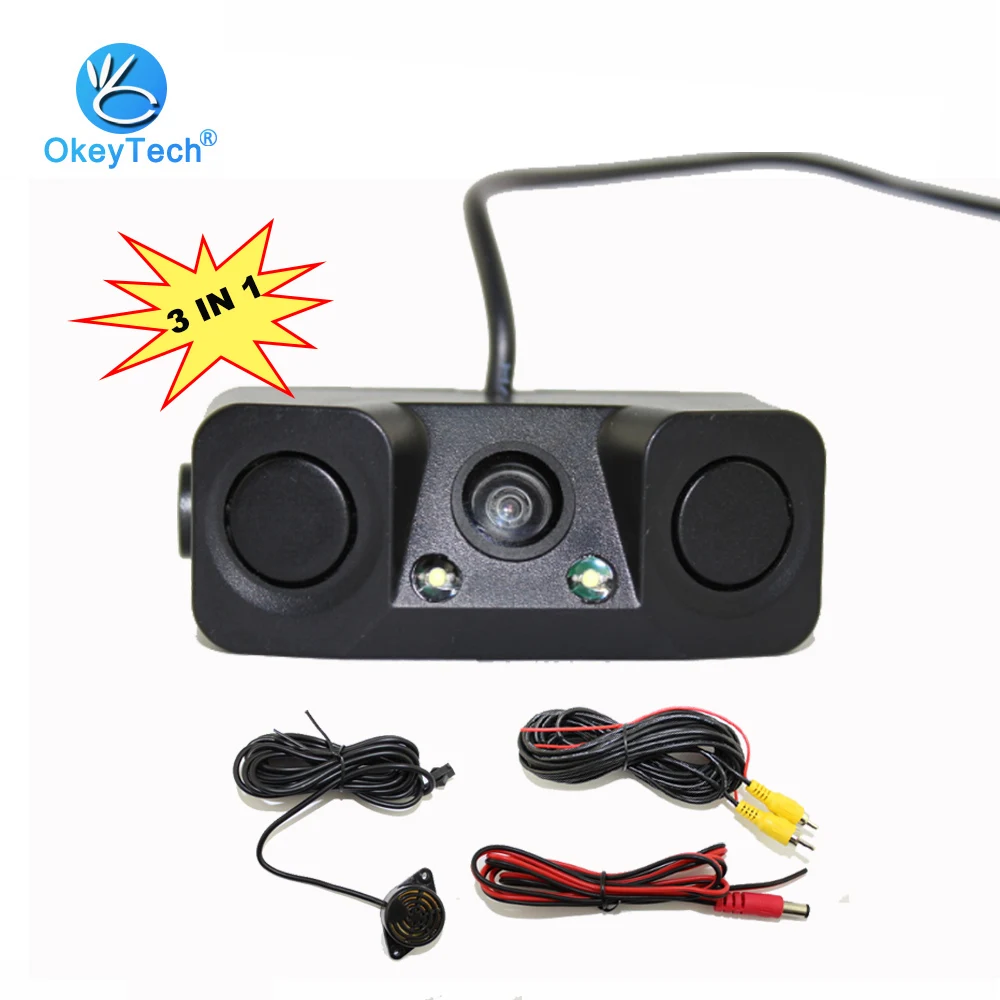 

OkeyTech 3 IN 1 Car Reverse Backup Rear View Camera Reversing Auto Parking Sensors Radar Detector Waterproof 170 Degree HD Video
