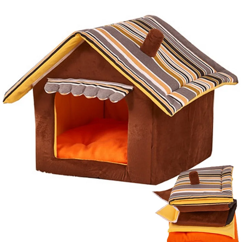 

Striped Removable Cover Mat Dog House Small Medium Pet Dog Beds Warm Soft Washable Foldable With Cushion Kennel Nest Production