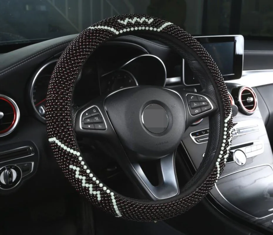 

Summer Wooden Beads Car Steering Wheel Cover Wooden Car Set Antislip Breathable Manual Weaving Car Cover Massage Steering Covers