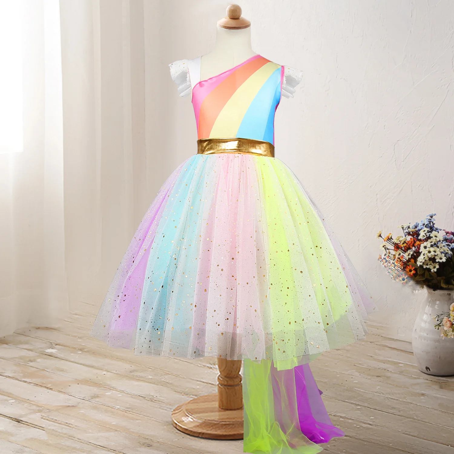 

New Girls Dress Kids Lace Sleeves Rainbow Satin Bodice Layered Tulle Cosplay Costume with Trailing Baby Girls Dress