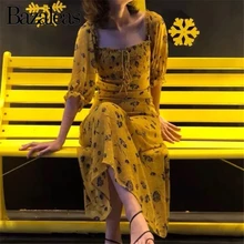Bazaleas желтое платье миди с цветочным принтом летнее платье с коротким рукавом винтажное эластичное платье с завязками спереди vestidos