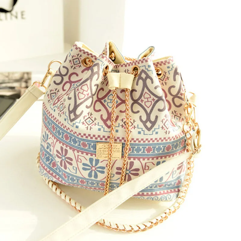  Bag for Women 2019 Bohemia Style Canvas Drawstring Bucket Bag Pearl Shoulder Handbags Women Messeng - 32957430919