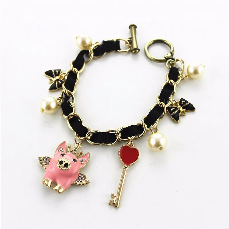 

Free shipping fashion woman new jewelry Chain open ribbon imitation pearl pig heart shaped key lady girl pendant bracelet