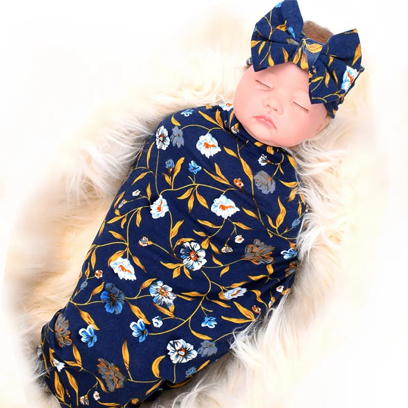 Новинка года, реквизит для фотосъемки новорожденных с цветочным принтом, мягкий эластичный Муслин, детское ежемесячное одеяло, повязка на голову для ребенка