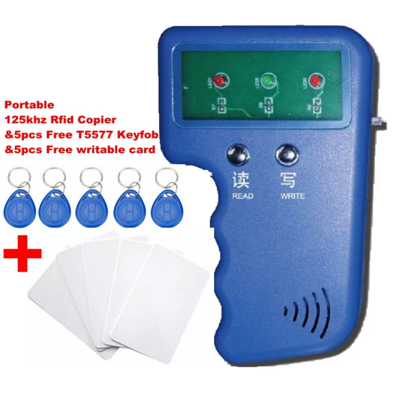 Portable 125KHz RFID Reader & Writer Duplicator Copier Programmer Device & 5 Free EM4305 T5577 Tag & 5 Free Writable Card