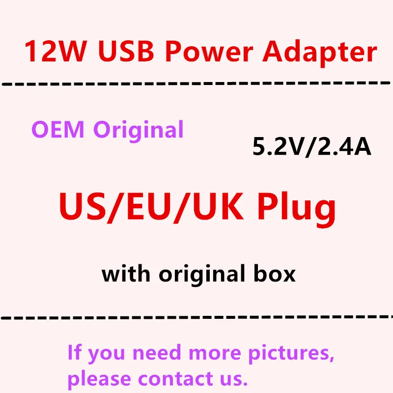 

20pcs/lot OEM Original 5.2v 2.4A 12W USB Power Adapter EU/US/UK plug AC home Wall Charger Retail box with original box