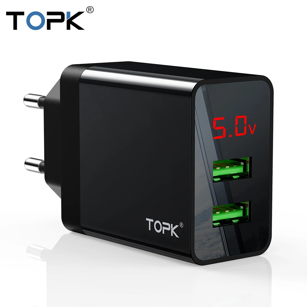 

TOPK USB Charger 2 Ports LED Display Universal Mobile Phone USB Charger for iPhone Samsung Xiaomi Huawei Tablet Wall Travel
