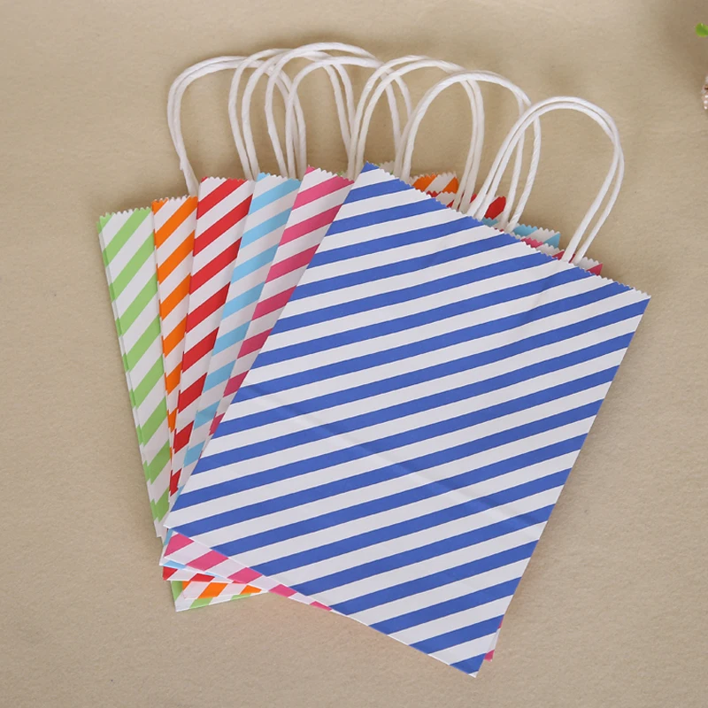 

4 Sizes Stand Up Festival Striped Gift Bag Wedding Party Gift Kraft Paper Bags 10pcs Multicolor Paper Bag with Handles