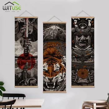 

3PCS Wall Art Picture Print Hanging Canvas Wooden Hanger Scroll Painting Japanese Samurai Poster for Living Room Wall Decor