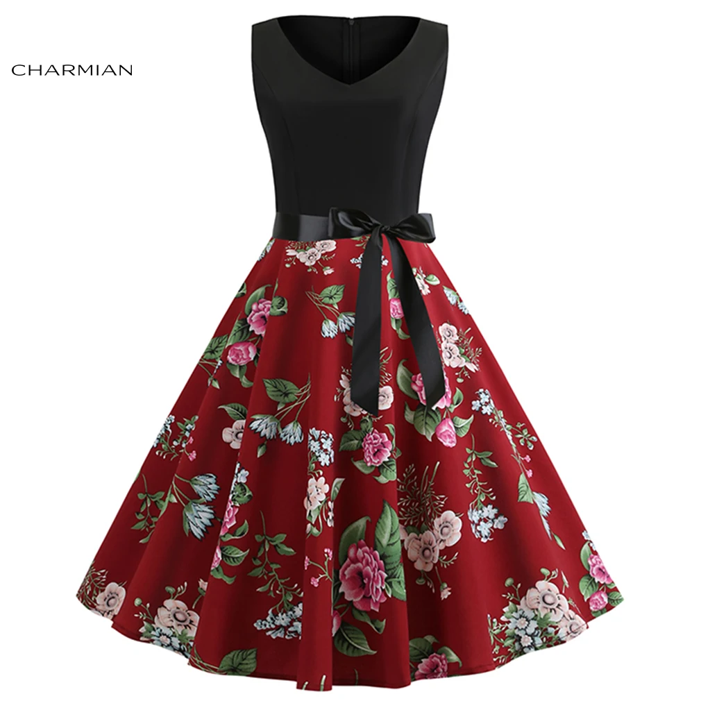 

Charmian Women's Vintage V Neck Black Bodice Floral And Zebra Pattern Splicing Sleeveless Summer Swing Dress