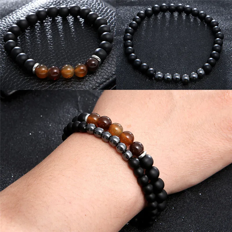 

New 2Pcs/Set Lucky Gem Fashion Natural Black Mantra Prayer Beads Buddha Bracelet for Women and Mens